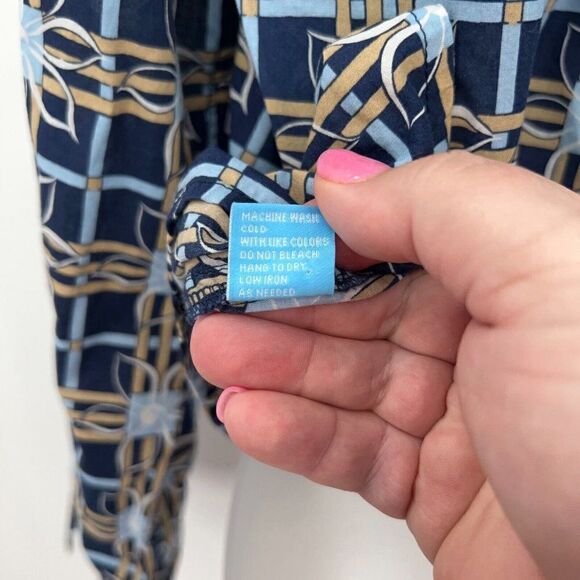 J. McLaughlin Button Down Shirt Women XL Blue Tan Geometric Cotton Long Sleeve - Picture 9 of 9